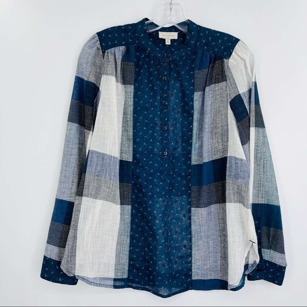 Lucky‎ Brand linen blend patchwork popover shirt semi sheer women's size small